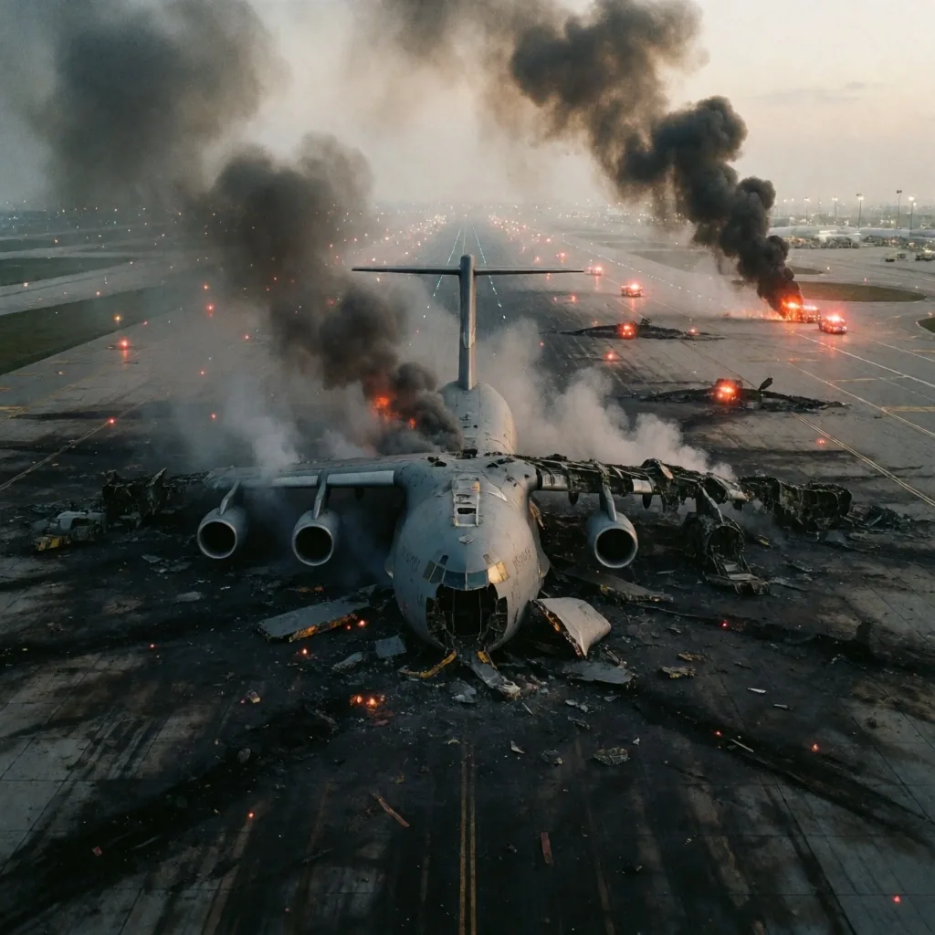 Avión de carga siniestrado en la pista del Aeropuerto Internacional de Miami con humo y vehículos de emergencia