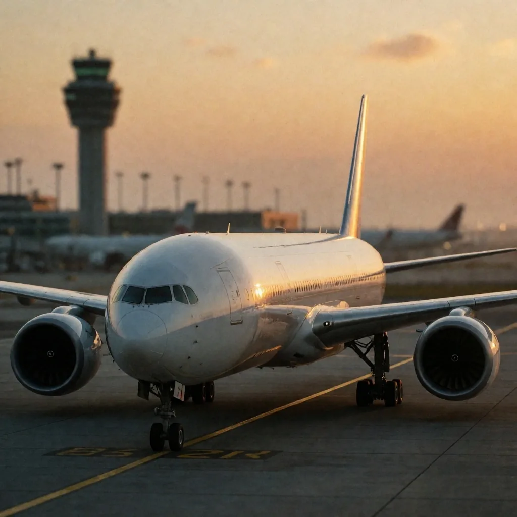Avión de Air Tanzania en plataforma al atardecer