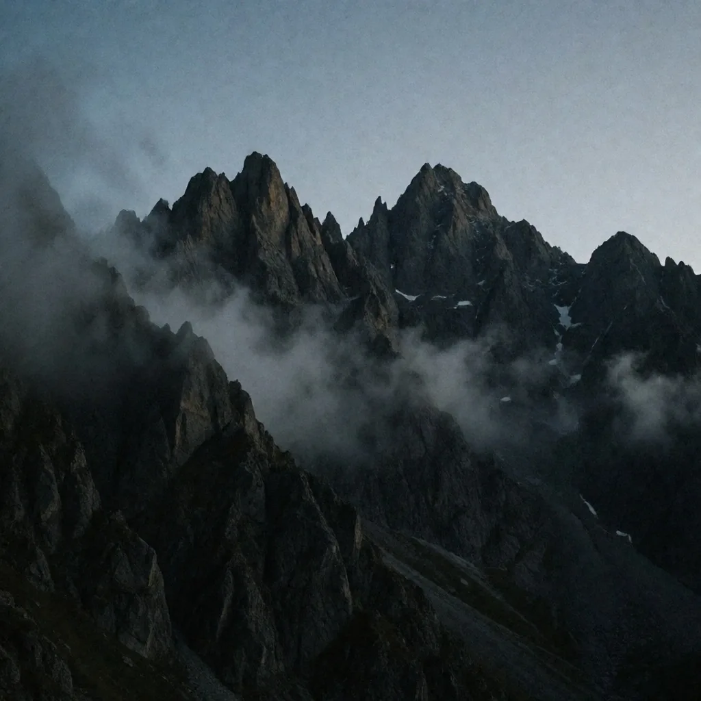 Cumbres del Cáucaso envueltas en niebla al atardecer
