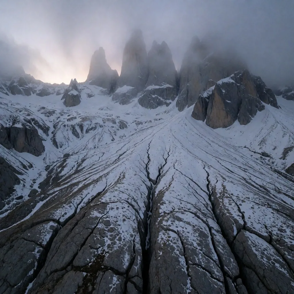 Terreno montañoso del Cáucaso con fracturas en la capa de nieve