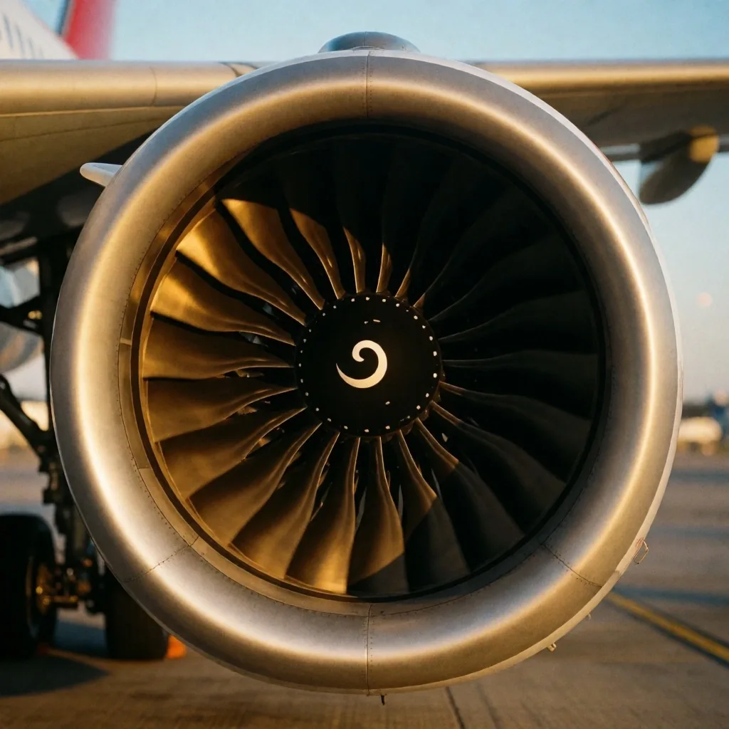 Motor de avión comercial en pista al atardecer