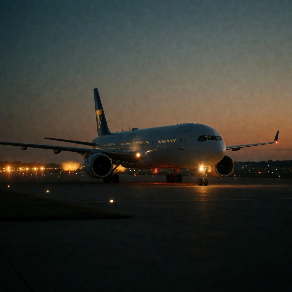 Avión comercial en pista al atardecer