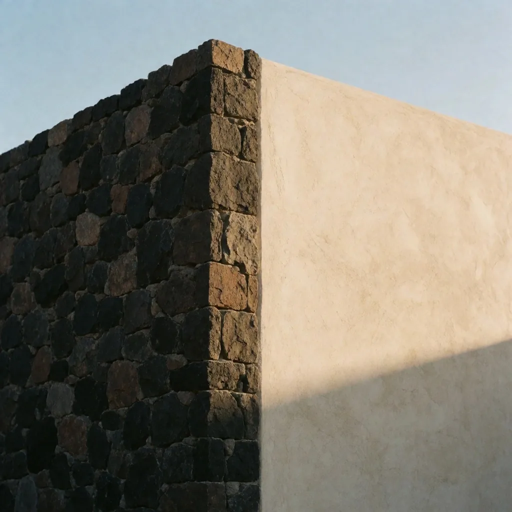 Separación clara entre dos zonas de luz sobre muro de adobe