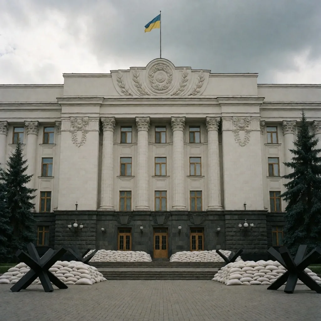 Edificio gubernamental en Kyiv con fortificaciones defensivas