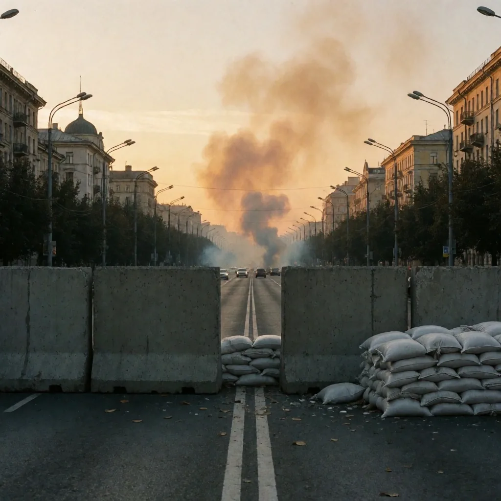 Vista panorámica de Kyiv al atardecer con barricadas defensivas