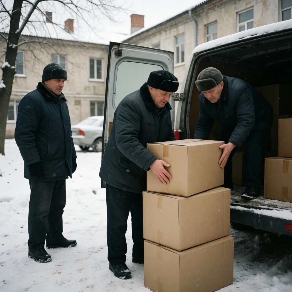 Voluntarios civiles distribuyendo suministros en un centro comunitario de Járkov