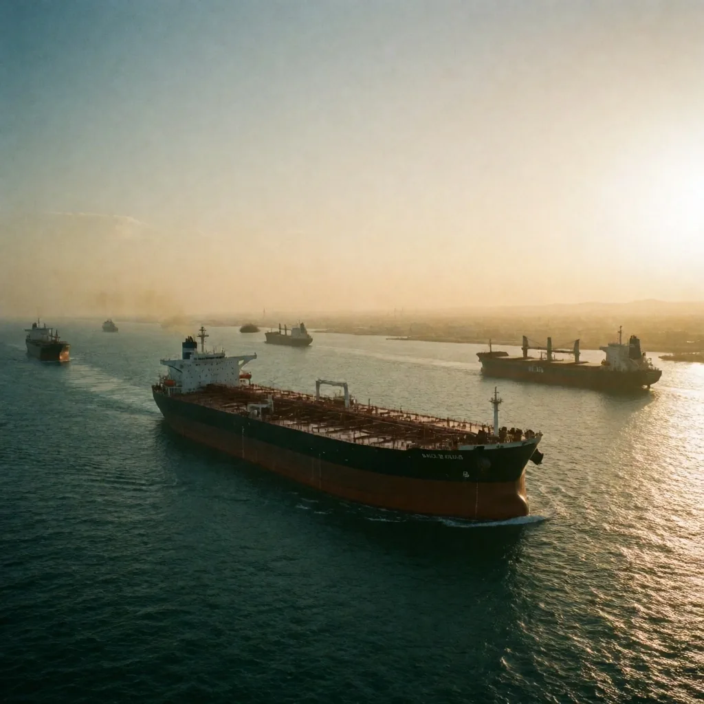 Buques comerciales navegando por el Golfo Pérsico al atardecer