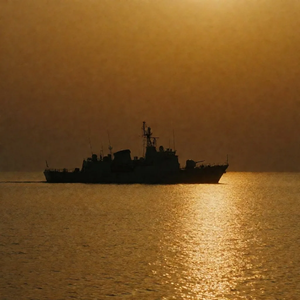 Patrulla naval en el Golfo Pérsico durante el atardecer