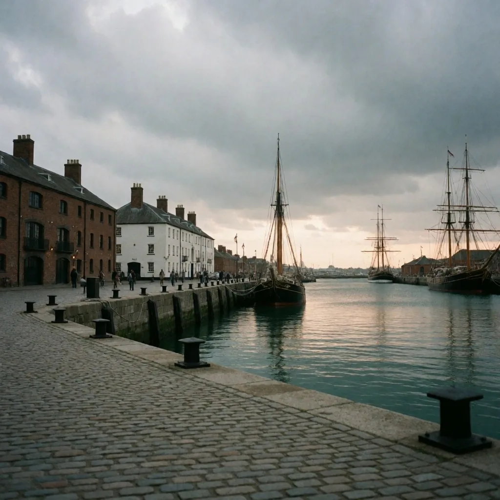 Puerto de Portsmouth al atardecer con arquitectura naval histórica