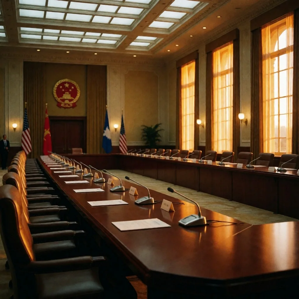 Sala diplomática vacía al anochecer